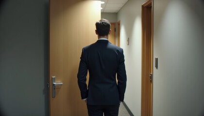 Fototapeta premium Businessman walking confidently towards office door 