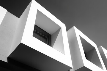 Fototapeta premium Modern architecture facade with square windows, starkly contrasted in light and shadow. Geometric, clean lines and simple shapes