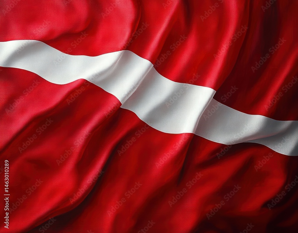 Poster close-up of red and white striped fabric with soft folds and texture creating a dynamic flowing effe