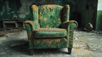 Decaying Green Armchair in Abandoned Building