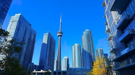 Obraz premium A dramatic low-angle view of Toronto's skyscrapers, their sleek glass facades towering into the clear blue sky, showcasing the city's modern architectural brilliance 