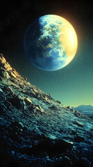 Earth seen from a lunar landscape.  Vast expanse of a rocky, cratered moon with Earth rising in the background