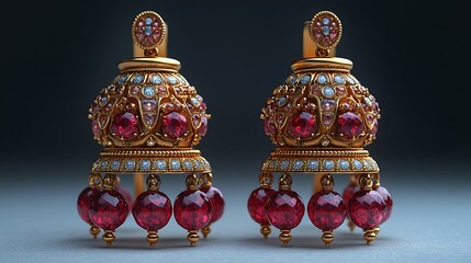 Obraz premium Elegant Pair Of Golden Earrings With Ruby And Diamond Accents Photo