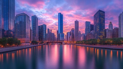 Obraz premium A dramatic sunset casting pink and blue hues across the skyline, the reflective glass walls of skyscrapers amplifying the colors and enhancing the vibrant cityscape 