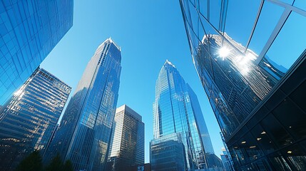 A dynamic cityscape featuring the Duke Energy Center and surrounding skyscrapers, their reflective glass facades glinting in the sunlight, highlighting Charlotte's thriving downtown