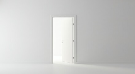 A minimalist interior featuring an open white door against a white wall and a white floor space