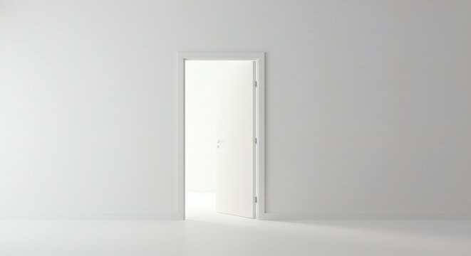 A minimalist interior featuring an open white door against a white wall and a white floor space