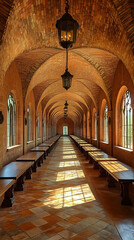 Long arched hallway with benches, sunlight streams through windows