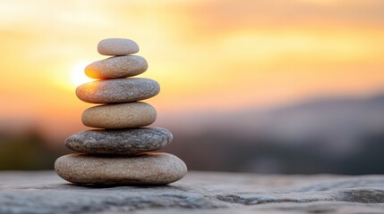 A serene stack of stones exemplifies balance and tranquility, beautifully contrasted against a vivid sunset, symbolizing peace and nature's harmony in composition.