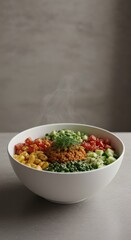 A vibrant salad bowl filled with fresh vegetables and grains on a neutral surface background plain