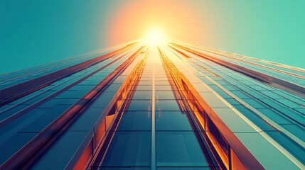 A futuristic high-rise office building in a 3D rendering, its sleek glass walls reflecting the clear blue sky, the sun casting a radiant glow at the top 
