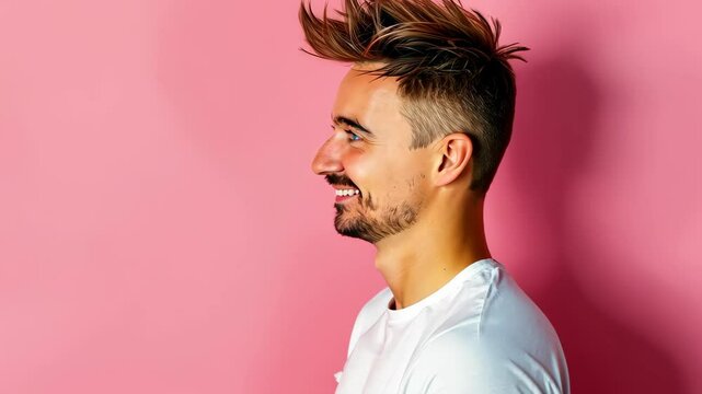 Profile of a Happy Man: A side-view portrait showcases a cheerful man with a stylish hairstyle against a vibrant pink backdrop.