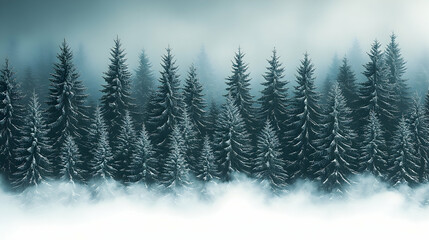 Fototapeta premium A misty winter forest. Snow-covered evergreen trees line a foggy horizon