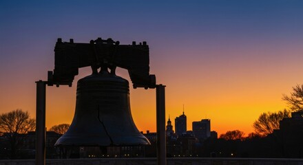 Silhouette of the liberty bell against a vibrant sunset sky in philadelphia pennsylvania
