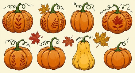Pumpkins and Autumn Leaves Illustration for Fall Season