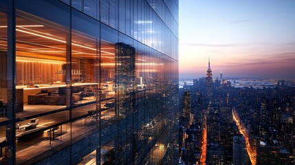 Obraz premium A high-rise office building with expansive transparent glass walls, revealing its bright interiors while reflecting nearby skyscrapers, emphasizing cutting-edge corporate design 