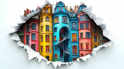 Naklejka premium Colorful urban houses burst through a hole