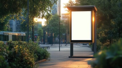empty urban billboard glowing in the warm light of sunset surrounded by greenery and city street elements