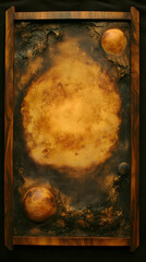 Cosmic landscape framed in dark wood,  featuring celestial bodies and a central sun-like orb