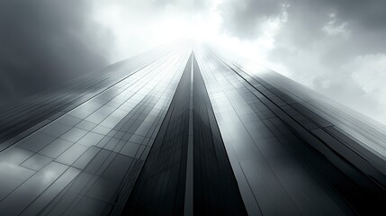 A low-angle perspective of a glass office building, its smooth and angular design emphasized against a bright sky with soft white clouds, symbolizing modernity and corporate ambition 