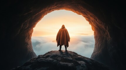 A solitary figure adorned in a cloak stands at the mouth of a cave, gazing into the radiant sunrise beyond, symbolizing mystery, exploration, and the journey toward enlightenment.