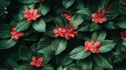 Lush backdrop of vibrant red flowers and deep green tropical leaves