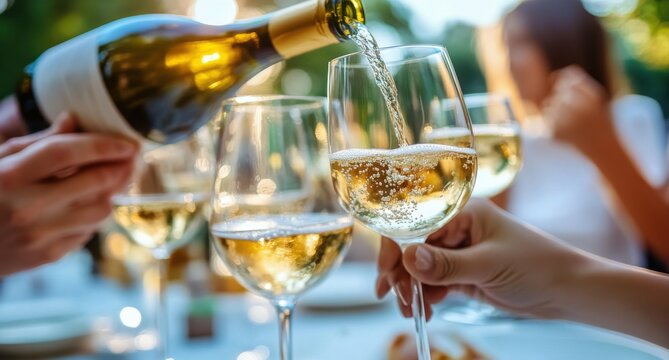 White wine being poured into glasses outdoors, perfect for a celebratory gathering.  Hands reaching for glasses, warm sunlight