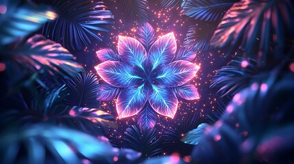 a blue flower surrounded by pink and purple leaves