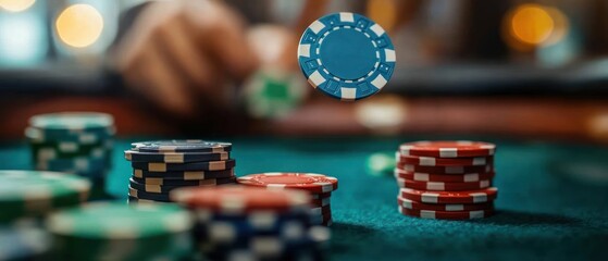 Close-up of colorful poker chips stacked on a green felt table with one blue chip in mid-air, suggesting a dynamic gambling moment