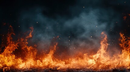 A vivid display of flames dancing in front of a dark, smoky background, creating a striking contrast that captivates and evokes powerful emotions of heat and intensity.