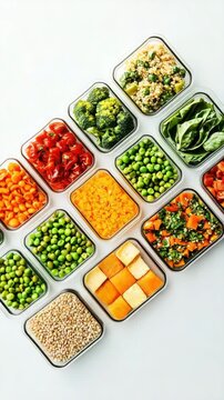 A colorful setup of fresh veggies and grains in clear containers highlights healthy meal prep