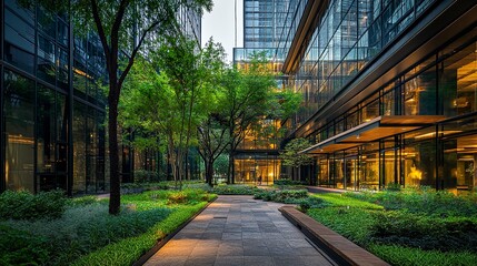 A modern glass building with integrated green terraces and tree-lined pathways, harmonizing architecture with nature to promote sustainability and reduce carbon emissions in the city 