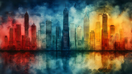 A dramatic cityscape reflected in a stormy sky