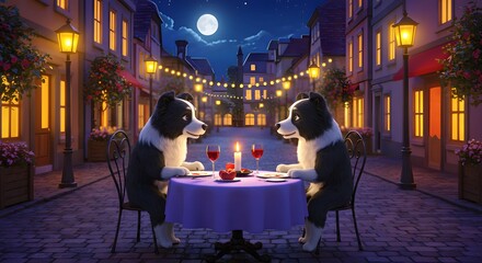Border Collies enjoy a romantic candlelight dinner under the moonlight night
