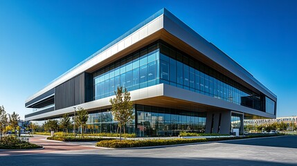 Obraz premium A modern office building with angular features and a smooth glass facade, its structure framed by the deep blue sky in a vibrant urban setting 