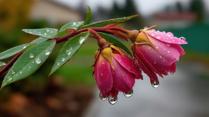 Obraz premium Close-up of pink flower with water droplets on petals and leaves after rain, vibrant nature scene