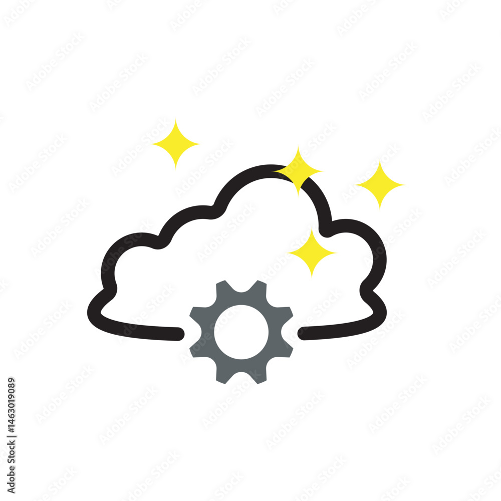 Poster cloud with gear and sparkles, illustrating tech innovation, cloud computing, and smart solutions.
