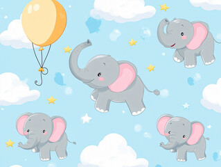 Elephant Balloon Clouds Sky Pattern Colorful Cute Illustration Toy Fantasy Playful Drawing Childish Decorative Artwork Kids Animal Friendly Whimsical Pastel Safari Celebration Nursery Party Floating 