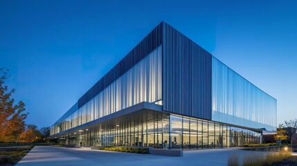 A modern steel-and-glass building rising from a blue-toned cement surface, the sharp contrast between materials emphasizing a futuristic and professional design 