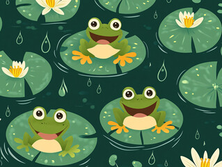 Fototapeta premium Frogs Lilypads Pond Illustration Cartoon Nature Greens Leaves Waterlilies Playful Happy Smiling Characters Wetland Blooming Flowers Aquatic Environment Artwork Garden Fantasy Kids Fun Summer Beauty