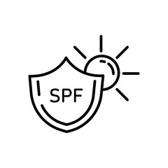 SPF shield icon. Sun exposure symbol. UV defense graphic. Vector sunray protection.