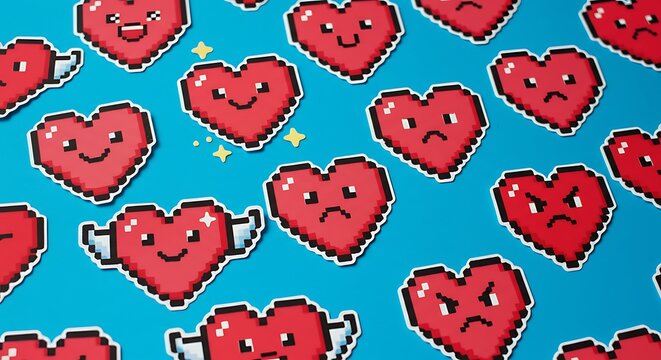 Pixel Hearts with Different Emotions on Blue Background