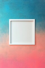 Empty white square frame mounted on textured wall with gradient blue to pink color transition creating calm and inviting atmosphere