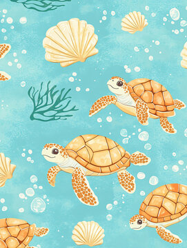Playful Ocean Turtles| Lively Marine Creatures| Aquatic Adventure| Bright Tropical Seascape| Colorful Illustrative Underwater Art| Eco-Friendly Coastal Habitat| Serene Nature| Blue-Green Textures