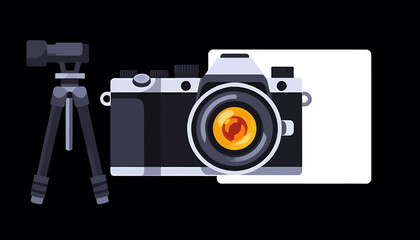 Photography_Equipment_Vintage_Camera_and_Tripod_on_Black_Background_Classic_SLR_Camera_Lens_for_Creative_Photography_Capture_Memories_Old_School_Photography