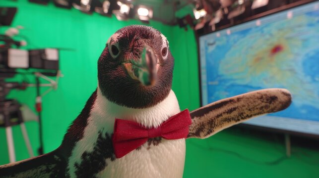 Pinguin als Wettermoderator im Fernsehstudio