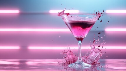An enticing cocktail in a glass splashes vividly against a backdrop of vibrant lights, showcasing the energy and fun of nightlife and creative mixology in motion.