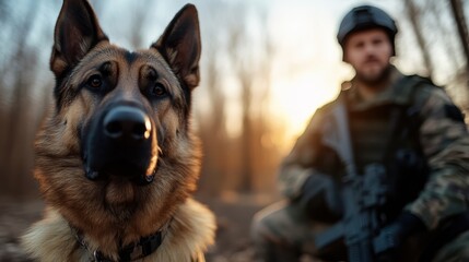 A powerful image featuring a loyal German Shepherd in focus, with a soldier nearby in a soft-focus background, capturing the bond of companionship and duty in a serene forest setting.