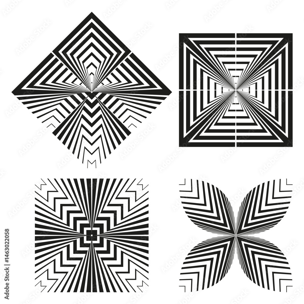 Poster radial square pattern. starburst stripe shape. optical focal illusion. vector symmetric form.