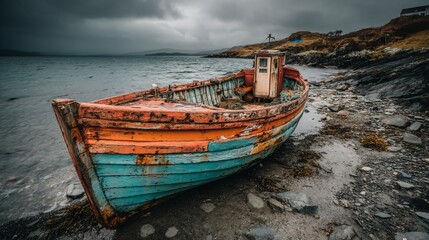 Abandoned fishing boat on a stormy coast